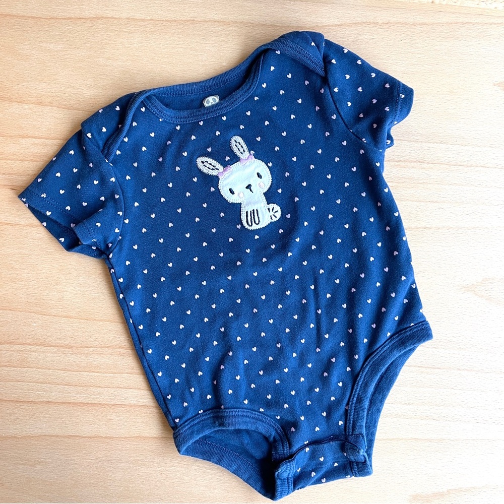 🍏4/$10🍏 Rococo Cute Navy Blue Baby Onesie with Bunny Design & Heart Dotted